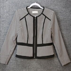 Calvin Klein Black and White Houndstooth Collarless Zip Jacket